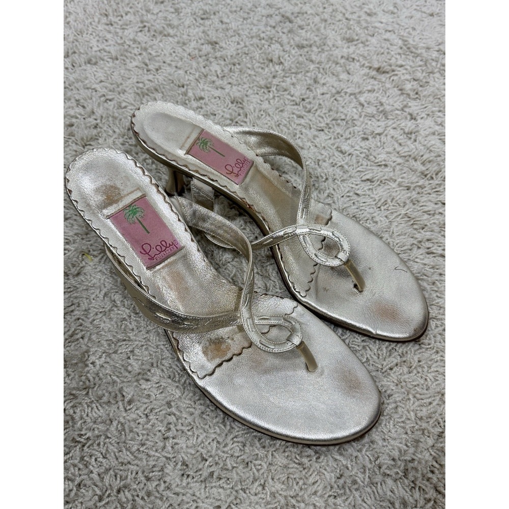 Lilly Pulitzer Metallic Gold Thong Kitten‎ Heel Slip On Sandals Size 9.5 Resort - Picture 4 of 12